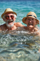 Old elderly couple swimming and having fun between waves in the water. Seniors on vacation.