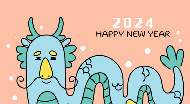 Chinese dragon funny cartoon illustration. Happy New Year of the dragon 2024 greetings card.