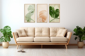 Light colored living room with wall paintings and center sofa, minimalist style