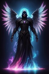 Dark Angel in purple tones with wings in a hood
