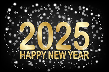 2025 Happy New Year Greeting Card. Gold text on a dark background with bokeh.