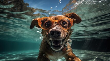 Illustration of a happy dog ​​enjoying diving in the crystal clear water of a swimming pool and taking a picture while doing so - obrazy, fototapety, plakaty