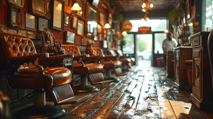 Classic vintage barbershop interior with leather chairs and wooden accents, inviting and full of character. - obrazy, fototapety, plakaty
