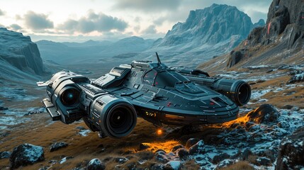 A futuristic spaceship hovers over a rugged alien landscape with towering mountains and a desolate terrain.