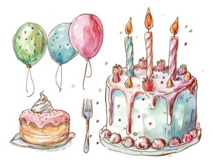 Fotobehang birthday cake and candles watercolor texture decorative stickers © Anthony