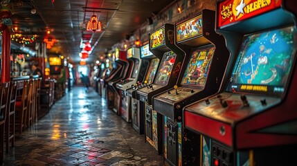 Vintage arcade hall with row of classic arcade machines and colorful neon lights, a nostalgic trip to retro gaming.