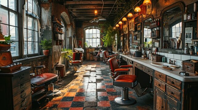 Vintage barbershop interior with antique chairs, mirrors, and stylish decor, evoking a classic and nostalgic ambiance.