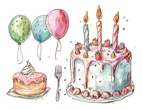 birthday cake and candles watercolor texture decorative stickers