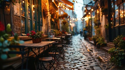 Charming evening view of a cozy street with cafes and lanterns, inviting for a night out in the...