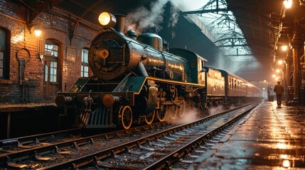 A vintage steam locomotive at a railway station at night, emitting smoke and ready for a nostalgic...