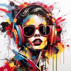 a painting of a woman wearing headphones and sunglasses
