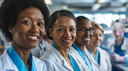 a diverse group of smiling colorectal and endometrial cancer patients of different age groups and ethnicities, standing together in solidarity