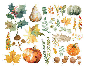 autumn background with pumpkin watercolor texture decorative stickers