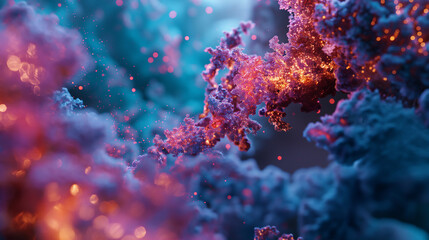 Fototapeta na wymiar a vibrant microscopic view of malignant hematologic cells, their structure distorted and disorganized, while GFH009, represented by a glowing pathway