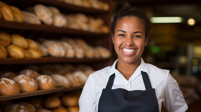 Happy female sales assistant with a warm smile behind the counter in a busy bakery