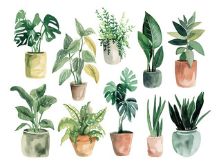 Fototapeta na wymiar set of plants watercolor texture decorative stickers