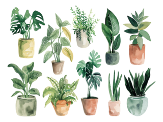 set of plants watercolor texture decorative stickers