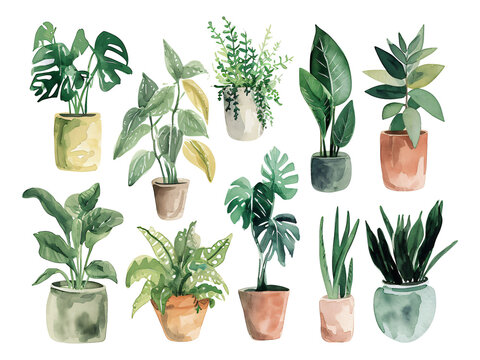 set of plants watercolor texture decorative stickers