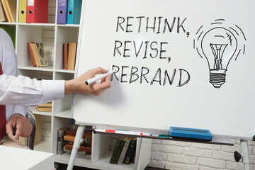 Rethink, revise and rebrand are shown using the text