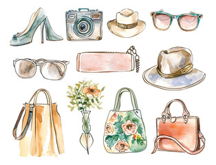 set of fashion accessories watercolor texture decorative stickers