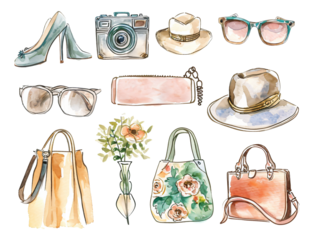 set of fashion accessories watercolor texture decorative stickers