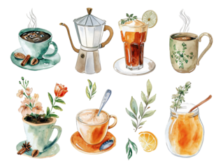 Coffee and Tea watercolor texture decorative stickers