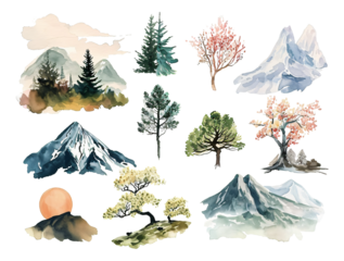 winter forest landscape watercolor texture decorative stickers