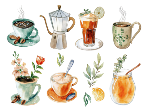 Coffee and Tea watercolor texture decorative stickers