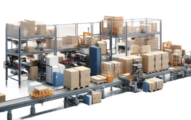 Automated Packaging Line Filling, Sealing Boxes Seamlessly on White or PNG Transparent Background