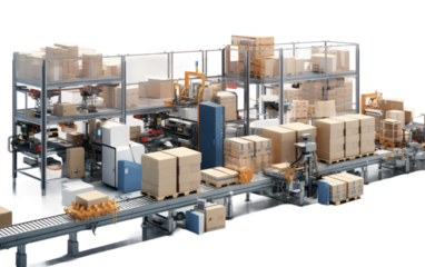 Automated Packaging Line Filling, Sealing Boxes Seamlessly on White or PNG Transparent Background