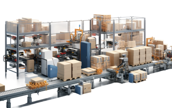 Automated Packaging Line Filling, Sealing Boxes Seamlessly on White or PNG Transparent Background