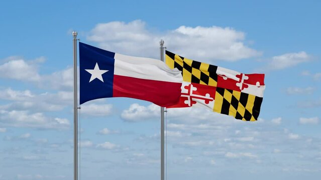 Maryland and Texas US state flags waving together on cloudy sky, endless seamless loop