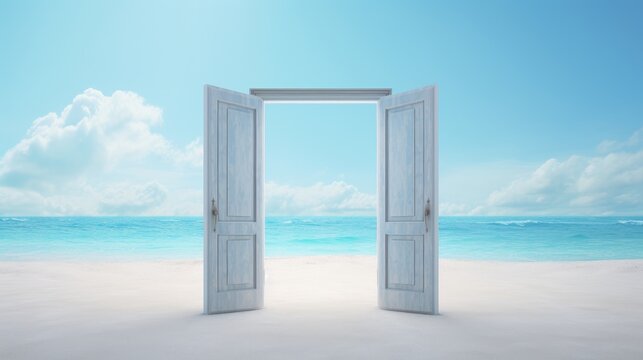 Open door with access to the beach. Travel and vacation concept
