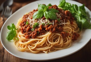 Serve the spaghetti Bolognese with fresh Parmesan and green salad