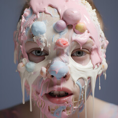 A close-up of a child's face covered in ice cream.