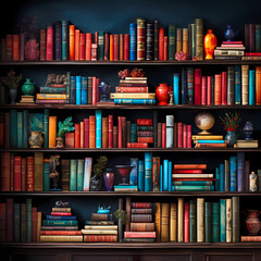 A bookshelf filled with colorful books.