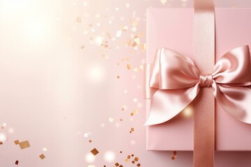 Birthday card with shiny ribbons of rose gold on a sparkling background. Generative AI