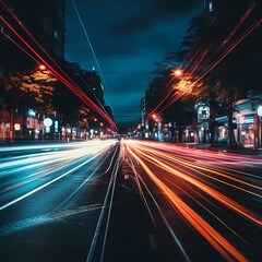 Fototapeta na wymiar A busy city street with streaks of car lights at night.