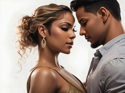 Man and woman Young couple dancing a social dance kizomba or bachata or semba or taraxia in the background of a dance class.