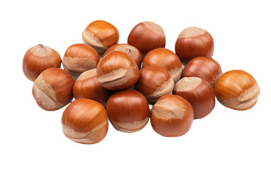 Obraz premium Fresh hazelnuts pile, whole brown nuts with shells, realistic food ingredient for baking, snacks and nutrition design isolated on Transparent Background
