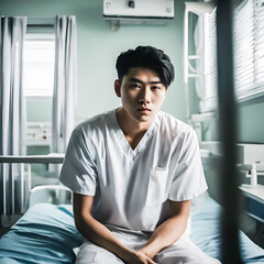Young asian man sitting in the center of a hospital bed from the front, arms crippled, with a background of a hospital