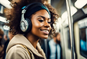 happy young African American woman listening to music in headphones in subway train - obrazy, fototapety, plakaty