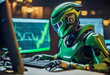 High tech robotic man with on robotic helmet sitting at desk trading stocks on computer with green charts unreal gaming engine
