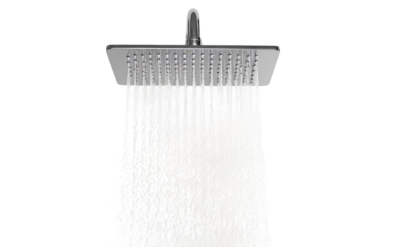 Modern Rainfall Showerhead Producing a Cascading Water Experience on White or PNG Transparent Background