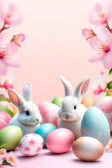 Obraz premium Easter holiday concept. Happy easter greeting card with bunnys, colourful eggs and cherry blossoms.