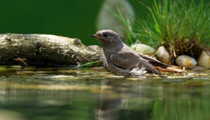 Juvenile male black redstart ( Phoenicurus ochruros) is taking a bath. It splashes water. Czech Republic. 