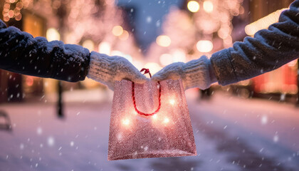 Two hands in winter attire exchange a glittering gift bag amid a magical snowy evening - obrazy, fototapety, plakaty