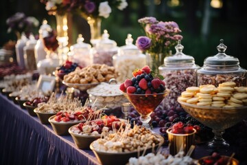 A delightful outdoor event with a lavish dessert buffet, showcasing a variety of sweet treats.