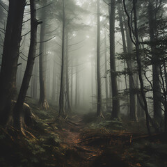 A foggy forest with trees shrouded in mist.
