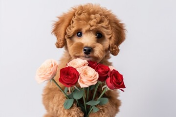 An adorable apricot poodle puppy with a bouquet and a cute rose, posing in a portrait.